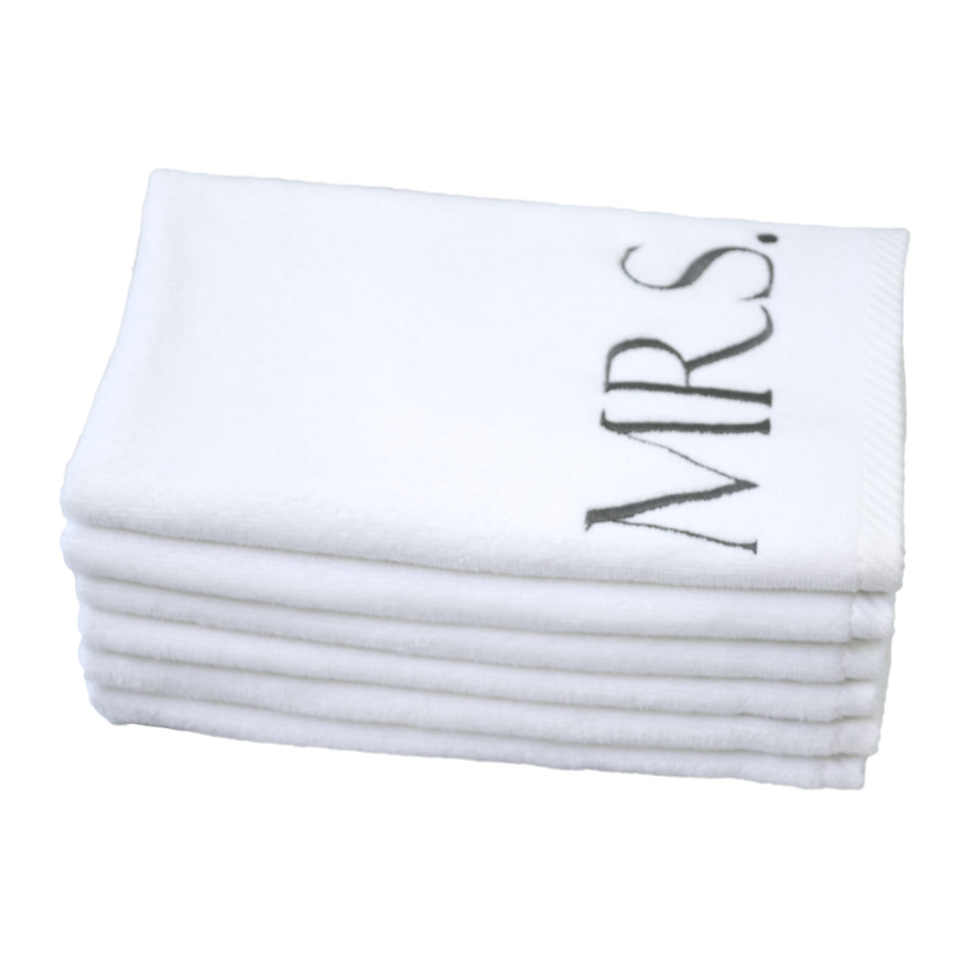 Mr. / Mrs. - Set of 6 Monogrammed White Hand/Guest Towels
