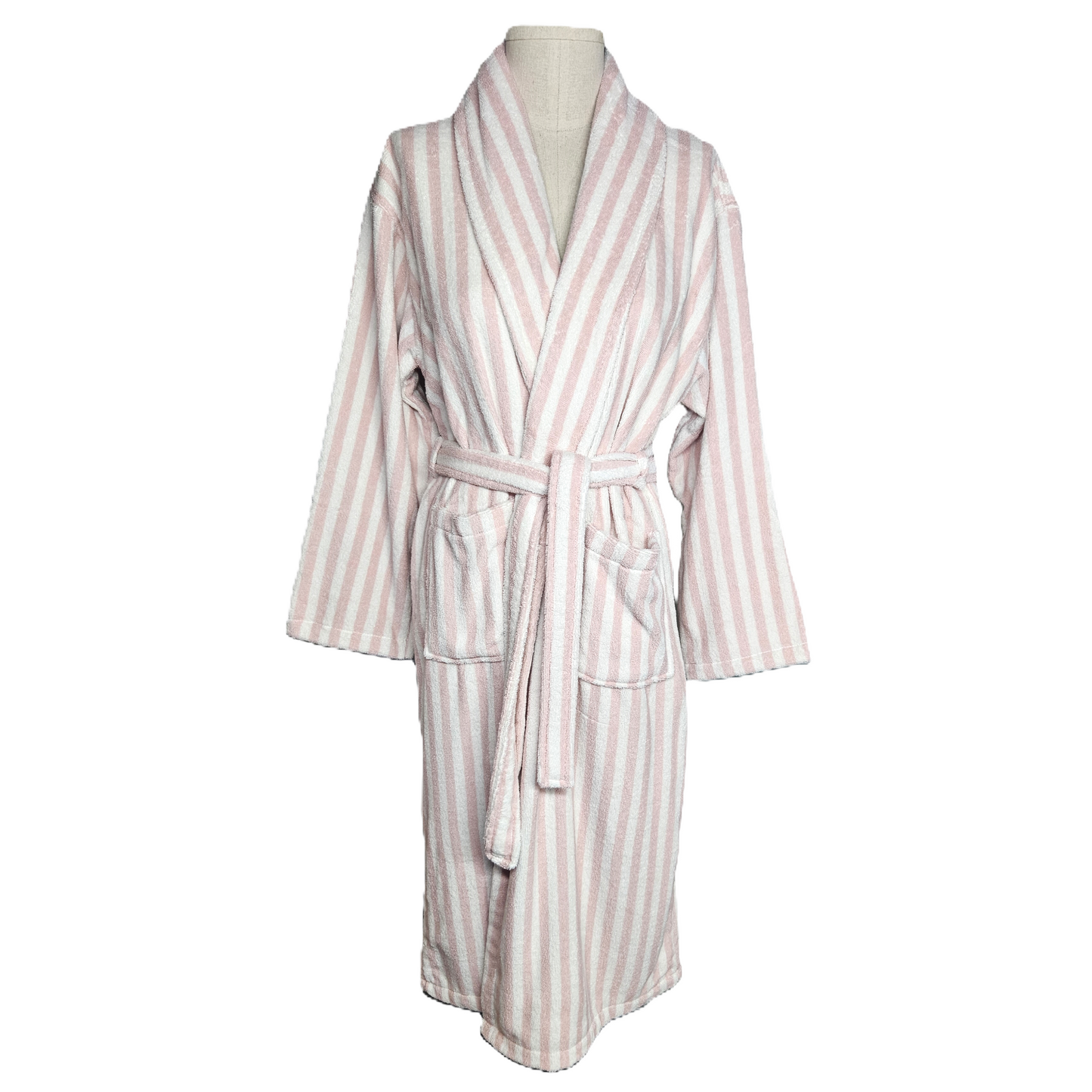 Plush Pile Striped Bathrobe - White/Pink